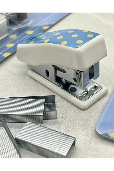 Kağıt Gemi Dükkan Mini Yellow Polka Dot Patterned White Stapler