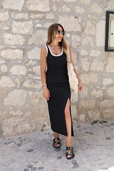 JANES Дълга дамска рокля от креп с обло деколте и странични цепки