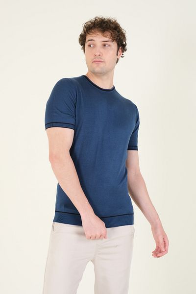 Giyim Dünyası Ανδρικό μπλουζάκι Petrol Blue - Crew Neck, Piping και Mercerized