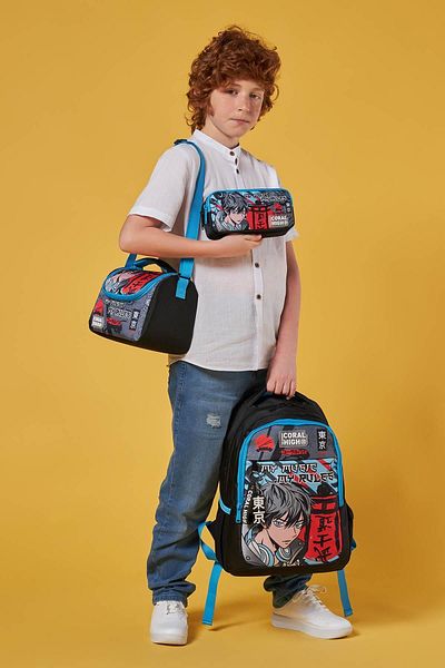 Coral High Set de 3 genți de școală cu model anime negru albastru - SET 0123666