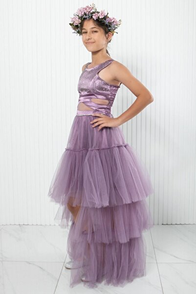 SUBU TASARIM Βραδινό φόρεμα λιλά τούλι - Λεπτομέρεια με στάμπα από πέτρα, MDV340