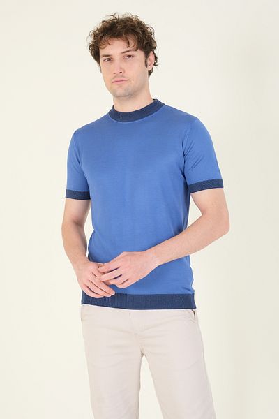 Giyim Dünyası Μπλε ανδρικό T-Shirt - Half Fisherman Mercerized