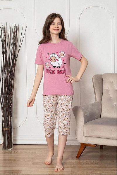 Farya Home Girl's Cotton Patterned Short Sleeve Capri Set