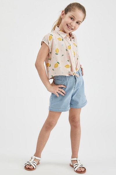 DeFacto Girl's Lemon Patterned Tie-Up Short Sleeve Crop Shirt