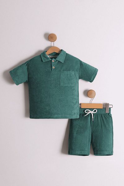 Pollito Boy's Green Benetton T-Shirt and Shorts - Shirt Collar, Terry Fabric 2-Piece Set