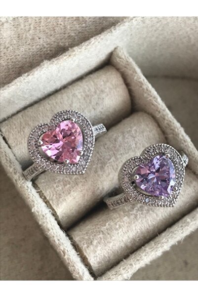 Takıntı Takı Lila Zirkon Taşlı Pırlanta Montürlü Model Kalp Kesim Gümüş Yüzük