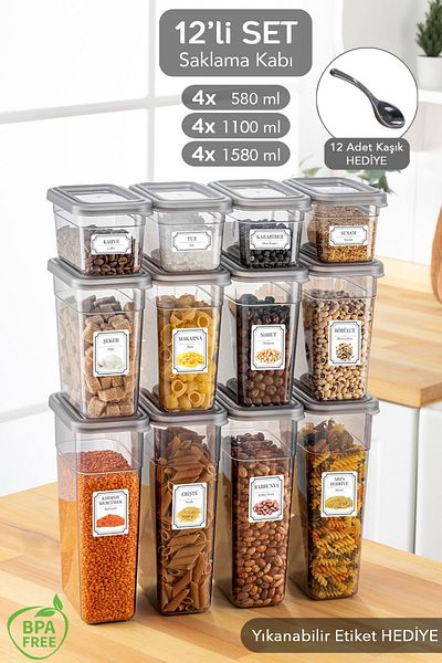 Meleni Home 12-Piece Spice Jar Storage Container Set with Label - Leak-Proof Lid, with Spoon - 4x(580 ml, 1100 ml, 1580 ml)