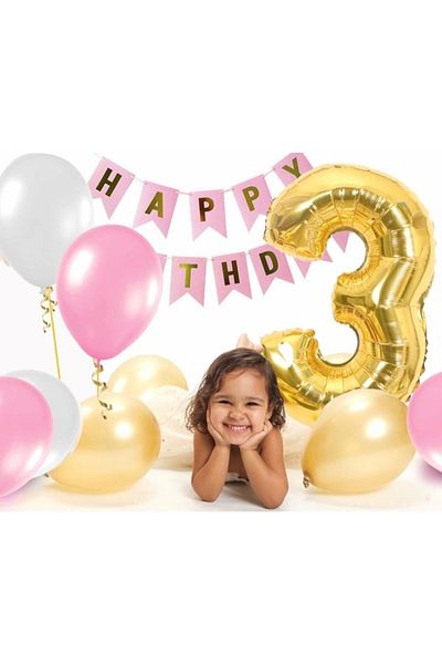 Deniz Party Store Pink Happy Birthday Gold Gilded 3 Year Old Mini Balloon Set