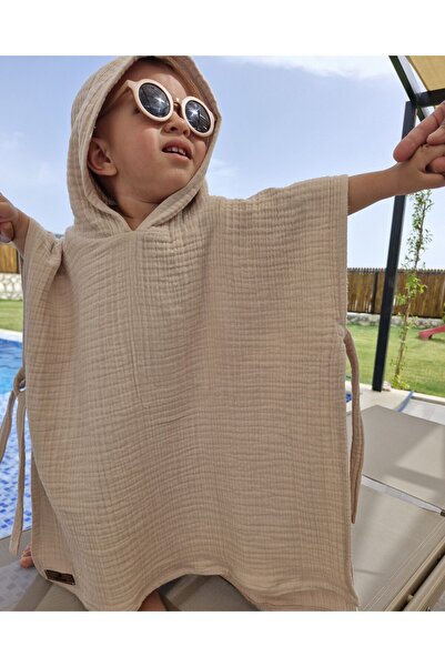 Naturalp بونشو بغطاء للرأس من الموسلين العضوي - رداء حمام بيج مكون من 4 طبقات...