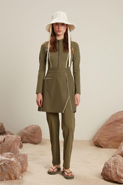 Manuka Gerippter Hijab-Badeanzugrock in Khaki