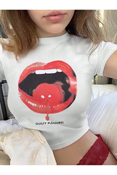 over head oh Tricou alb Y2K imprimat cu buze pentru femei