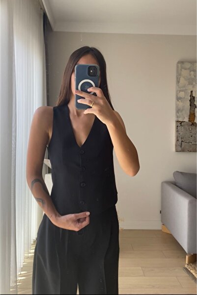 cn novembersun Černé plátěné dámské kalhoty a vesta