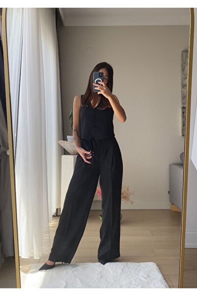 cn novembersun Černé plátěné dámské kalhoty a vesta