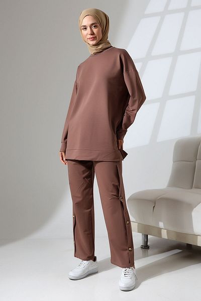 Mihran Butik Γυναικείο καφέ εποχιακό χτενισμένο βαμβακερό παντελόνι με διπλό τουνίκ κομψό κοστούμι Hijab