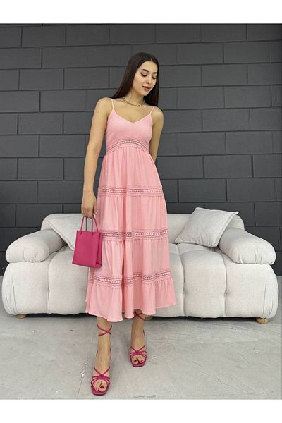 Fav Style Powder Pink Midi Dress - V-Neck, Lace Detail and Half Lining