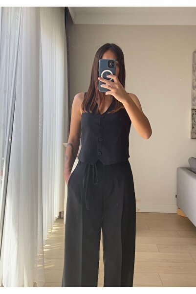 cn novembersun Černé plátěné dámské kalhoty a vesta