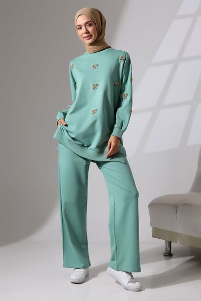 Mihran Butik Γυναικεία Μέντα Πράσινη Εποχιακή χτενισμένη βαμβακερή μπλούζα αθλητική και άνετη μουσουλμανική στολή