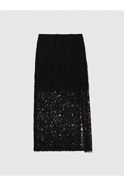 Sisley Black Cotton Midi Pencil Skirt - Two Texture and Slit Sides