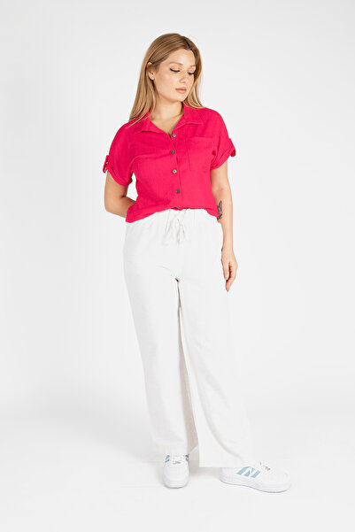 Giyim Dünyası قميص نسائي فوشيا - أكمام قصيرة وتفاصيل ملفوفة