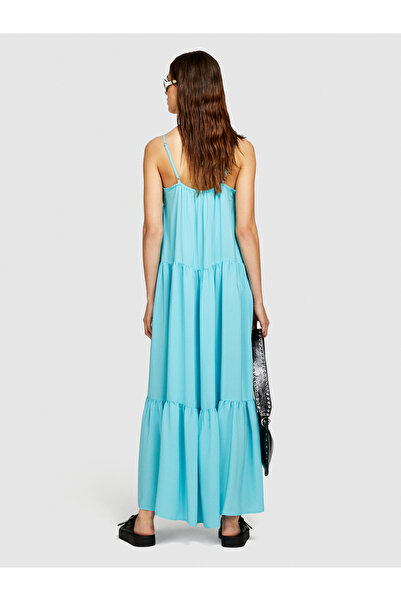 Sisley Light Blue Ruffled 100% Cotton Long Women's Dress with Tie at the Neck