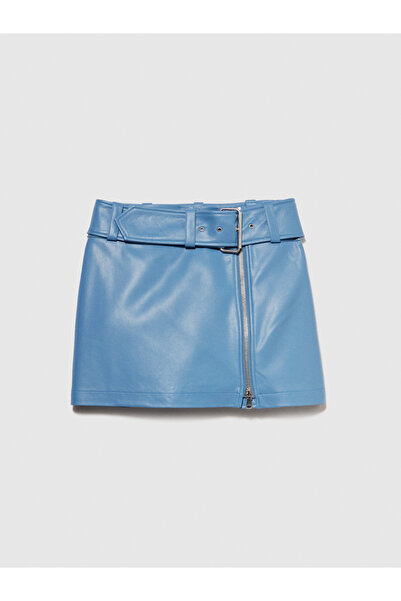Sisley Light Blue Viscose Mini Skirt - Faux Leather with Belt and Zipper Detail