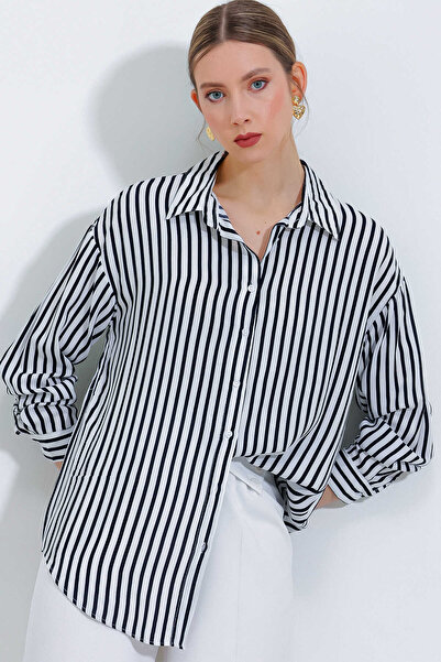 Giyim Dünyası Black Striped Oversize Women's Shirt