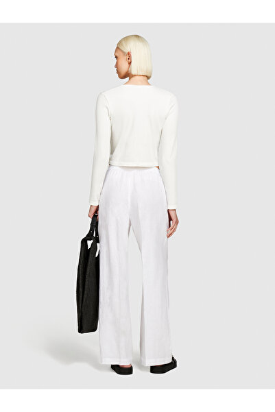 Sisley Lenjerie albă - 100% pantaloni cu talie joasă, plisate, cu picioare largi