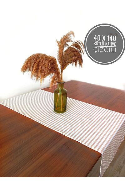 HOME ART ATELIER hand made Milky Brown Striped Organic Cotton Linen Runner 40x140