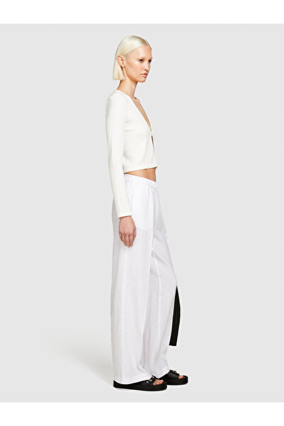 Sisley Lenjerie albă - 100% pantaloni cu talie joasă, plisate, cu picioare largi