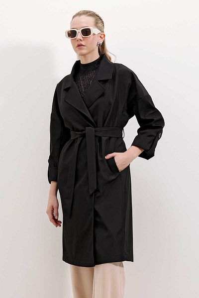 Giyim Dünyası Black Double-breasted Collar Lined Women's Trench Jacket