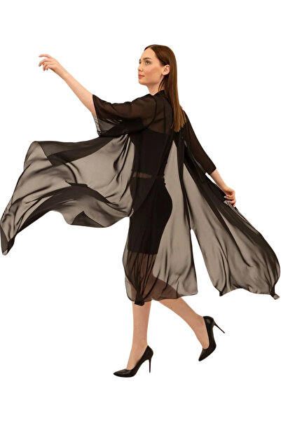 Laranor Siyah Şifon Yırtmaçlı Kimono&hırka