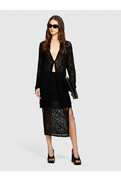 Sisley Black Cotton Midi Pencil Skirt - Two Texture and Slit Sides