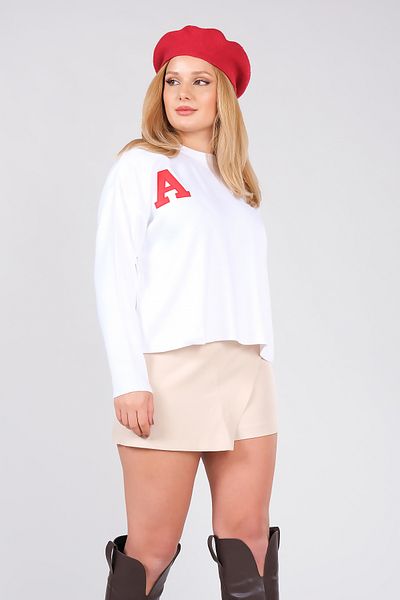 Giyim Dünyası Women's Crew Neck Letter Embroidered Oversize Sweater Ecru
