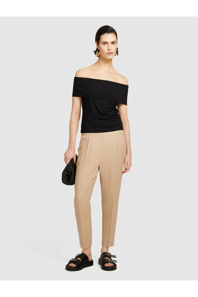 Sisley بنطلون نسائي بلون القهوة الحليبية - 100% كتان، جوانب مرنة وتصميم أمامي...