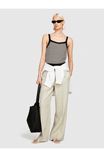 Sisley Kadın Bej %100 Keten Beli Büzgülü Önü Pileli Geniş Paça Pantolon