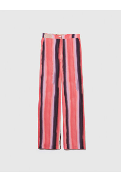 Sisley Salmon Mix Patterned Viscose Women's Trousers - Elastic Waist, 100% Viscose
