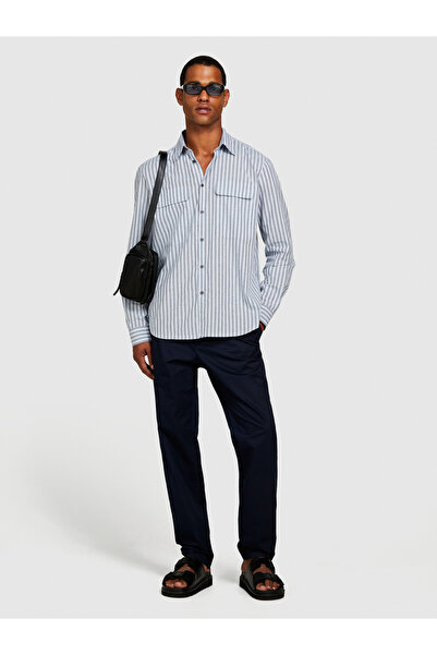 Sisley Cămașă pentru bărbați cu dungi albastre - amestec de bumbac, 2 buzunare, potrivire normală