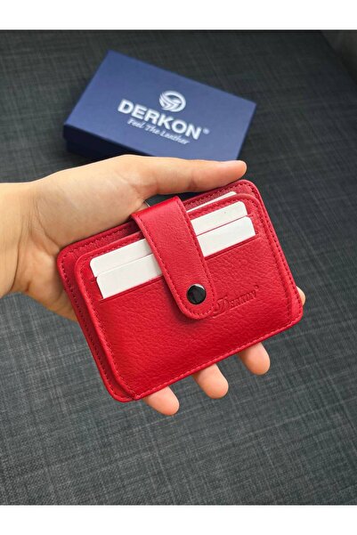 DERKON Genuine Leather Unisex Red Card Holder Wallet