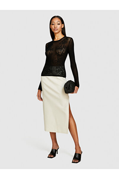 Sisley Μπεζ λινό και βαμβακερό μίντι φούστα μολύβι - με σχισμή