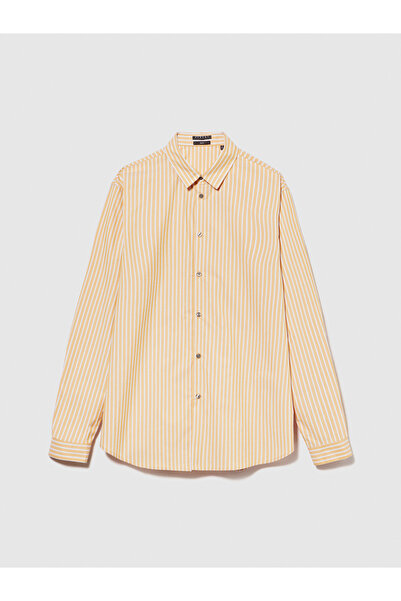 Sisley Erkek Hardal Mix Pamuk Karışımlı Çizgili Arkası Pileli Slim Fit Gömlek