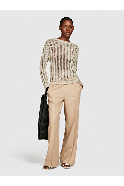 Sisley Γυναικείο παντελόνι σε χρώμα καφέ γάλακτος - 100% λινό, με κορδόνι στη μέση, πλισέ, φαρδύ πόδι