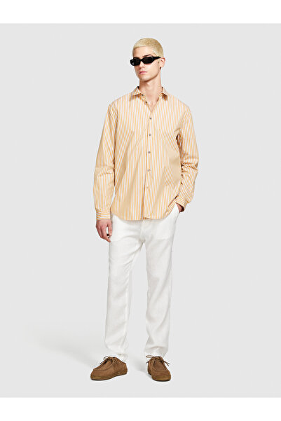 Sisley Erkek Hardal Mix Pamuk Karışımlı Çizgili Arkası Pileli Slim Fit Gömlek