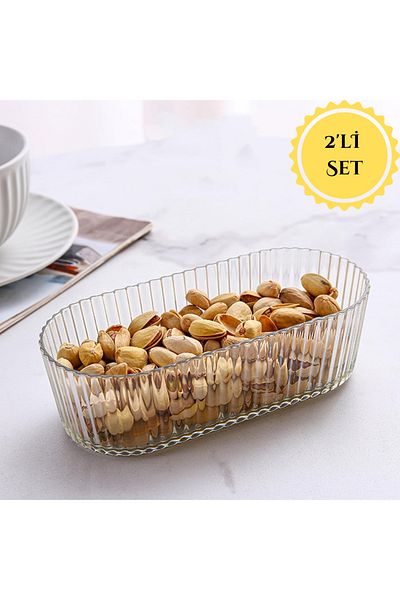 İnova Home Decor 2-Piece Line Patterned Rectangular and Breakfast Glass Bowl Set
