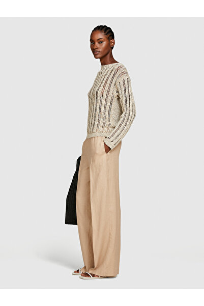 Sisley Γυναικείο παντελόνι σε χρώμα καφέ γάλακτος - 100% λινό, με κορδόνι στη μέση, πλισέ, φαρδύ πόδι