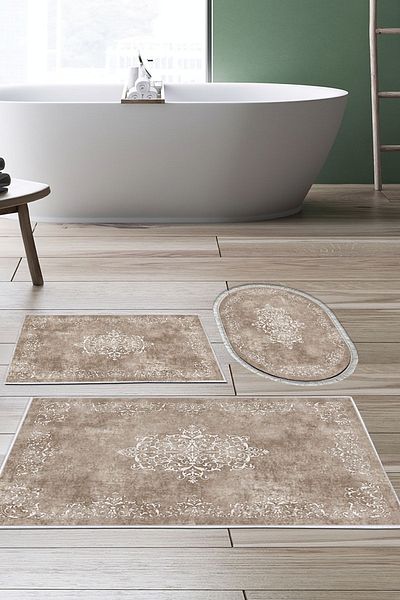 Alanur Home Eco Trend Djt 3-Piece Washable Non-Slip Base Bathroom Mat Set 616 Classic Beige