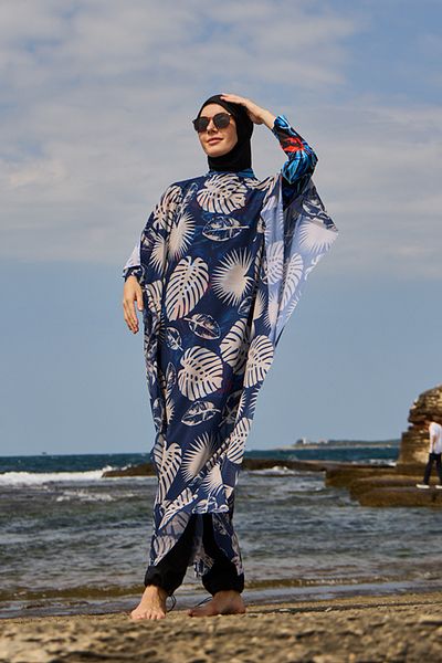 Starinci Mayo Women's Navy Blue Leaf Patterned Pareo New Season