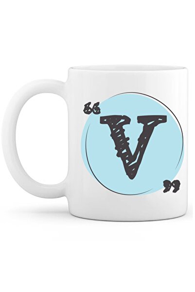 OXVİN فنجان قهوة مطحون باللون الفيروزي حرف V طباعة خاصة (مفرد) بورسلين