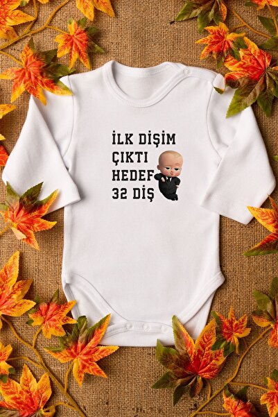 Overoz Patron Patterned Organic Cotton Baby Bodysuit - My First Tooth Long Sl...