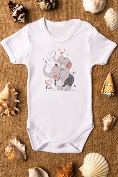 Overoz Organic 100% Cotton Elephant Printed Bodysuit for Baby - Short Sleeve ...