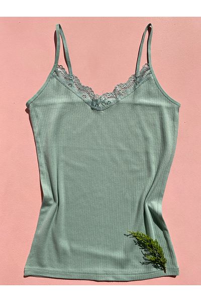 LEYNA BUTİK Women's 4 Rope Strap Cotton, Lycra, Lace, Ribbed Ribbed Undershirt (Pink-Blue-Green-Ecru)
